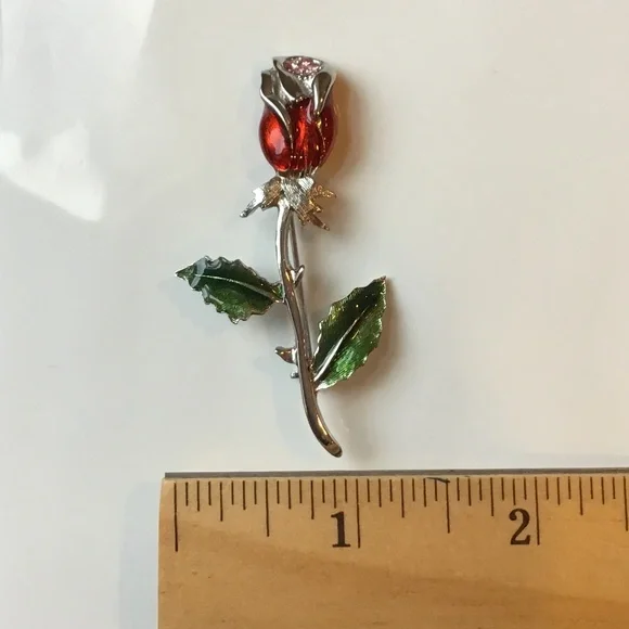 Vintage Enameled Rose Pin Flower Brooch Signed Silver Tone - Picture 4 of 10